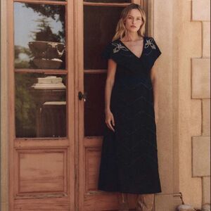 THE GREAT Beaded Partridge Black/Navy Blue Embellished Bird Midi Dress Size XS